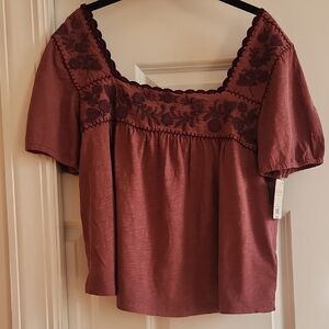 NWT - Large - Lucky Brand Burgandy Embroidered Blouse